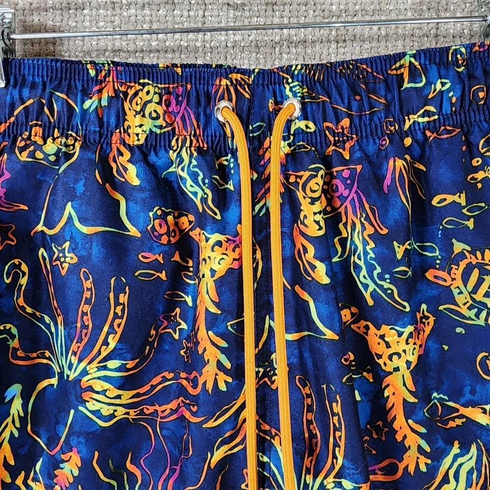Lands End Elastic Waist Swim Shorts Mens L (36-38) Navy Sea Creatures Lined EUC